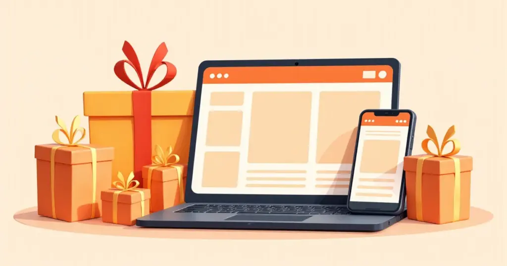 Minimalistische Cartoon-Illustration mit Laptop, Smartphone und Geschenkboxen.