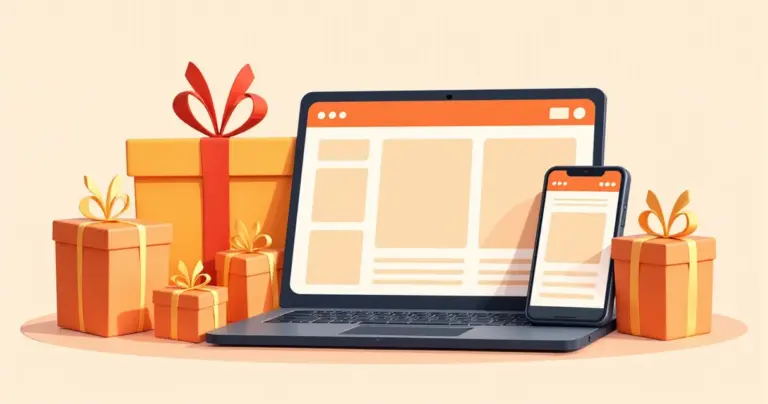 Minimalistische Cartoon-Illustration mit Laptop, Smartphone und Geschenkboxen.