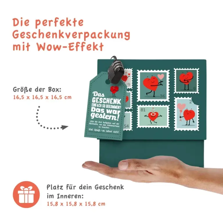Geschenkbox Liebe „Briefmarken“ – romantische Rätselbox mit Schloss
