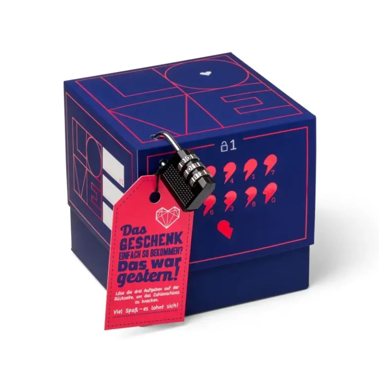 Geschenkbox Liebe „Samt & Herz“ – edle Rätselbox mit Zahlenschloss (Blau)