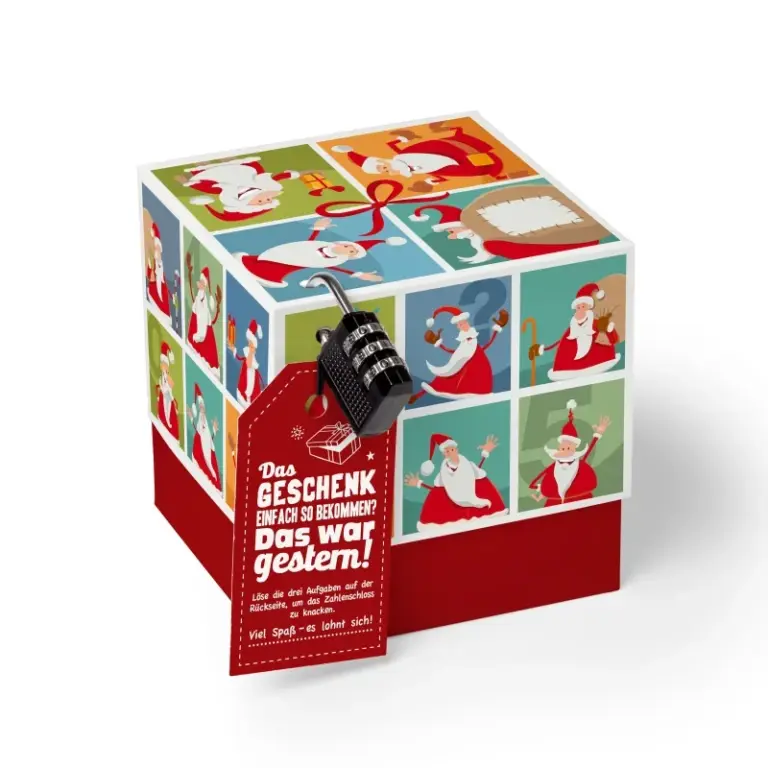 Geschenkbox Weihnachten Santa mit Rätsel, Verpackung für Geldgeschenke und Gutscheine, verschiedene Größen