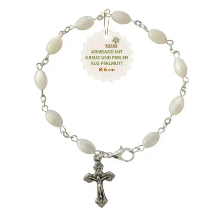 Armband mit Perlmutt Perlen & Kreuz | Perlenarmband Unisex, Geschenk Taufe, Kommunion