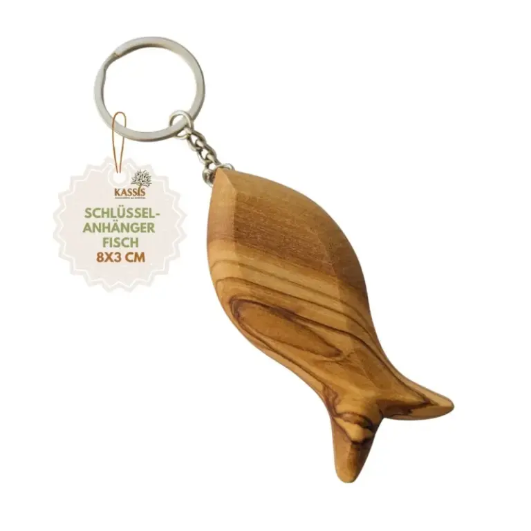 Personalisierter Schlüsselanhänger Fisch aus Olivenholz mit Gravur | Geschenk zur Taufe, Kommunion, Konfirmation