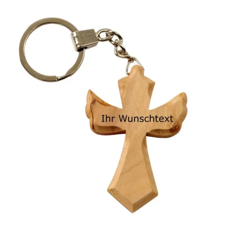 Personalisierter Schlüsselanhänger aus Olivenholz mit Gravur – Kreuz in Engel Form | Geschenk zur Taufe, Kommunion, Geburtstag
